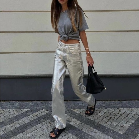 NWT Zara The Boy Boy Fit In Silver Jeans Metallic Blogger Favorite Sz 6 - Picture 6 of 16